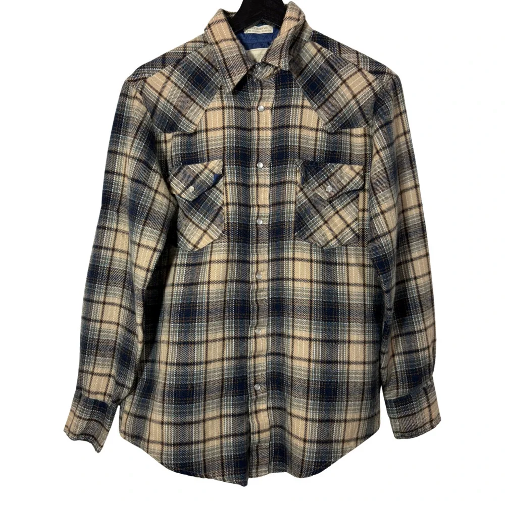 Tan Blue Shacket Pearl Snap Shirt Timber Run Flannel Plaid Boys Medium Vintage